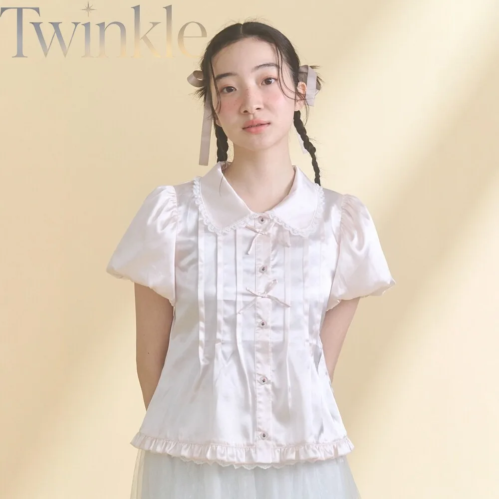 Vintage Shiny Satin Bow Blouse Japanese Sweet Women Bubble Short Sleeve Floral Button Shirt