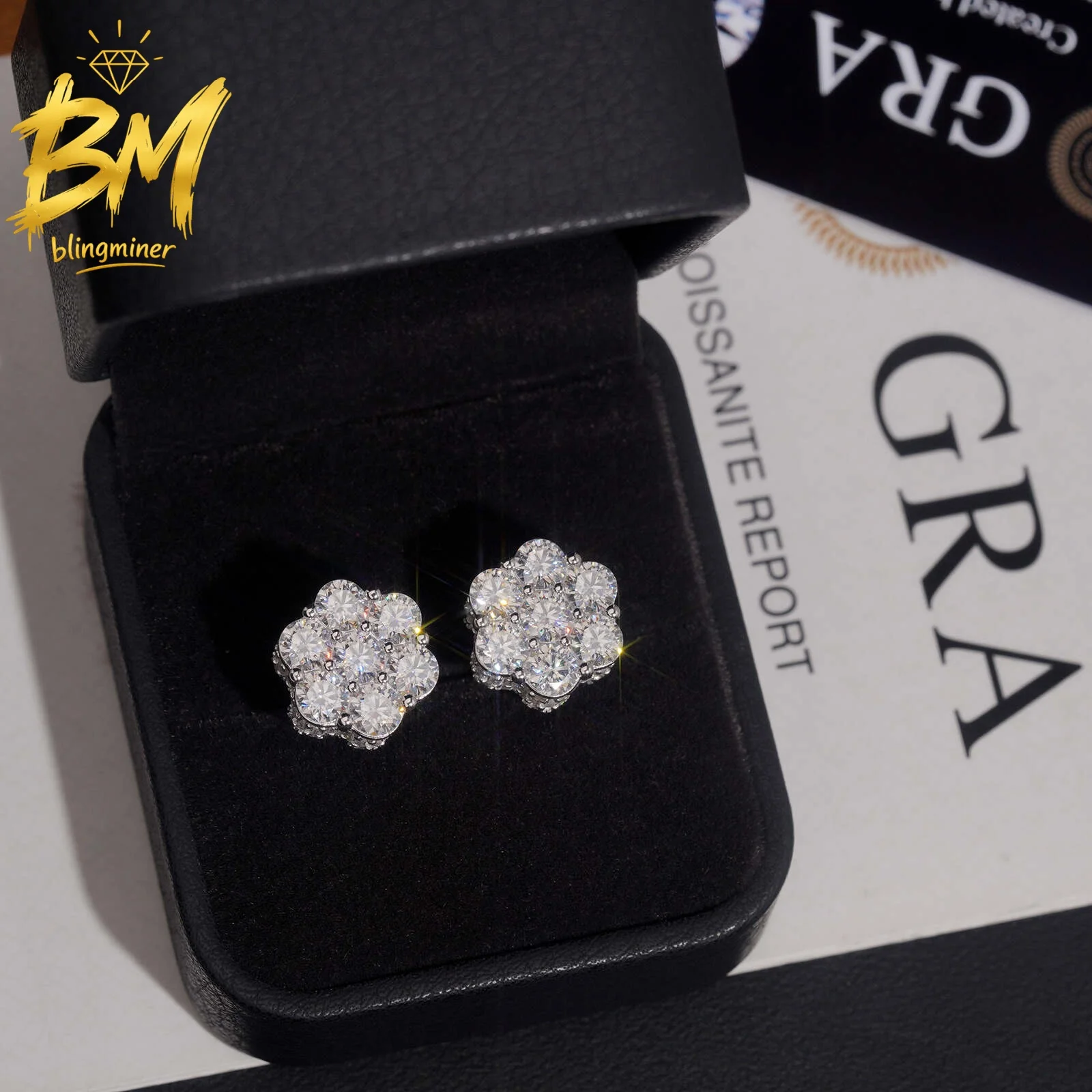 Blingminer S925 Silver Hot Sale Flower Shape VVS Moissanite Earrings For Men Women Ear Studs Jewelry Pass Diamonds Tester GRA