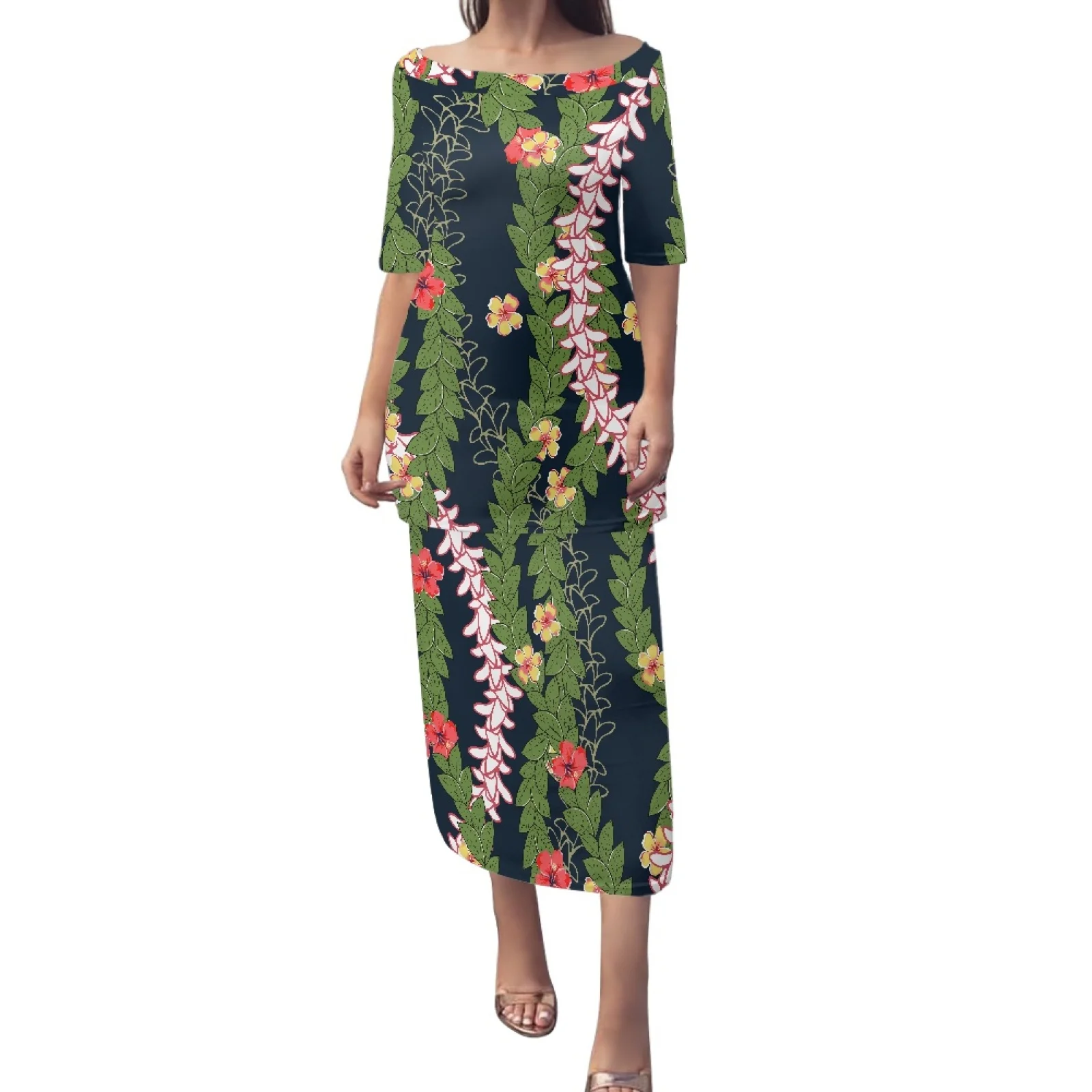 

2025 Luxury Couture Polynesian Puakenikeni Blossom Floral Print On Demand Elegant Custom Dress Samoa Island Artistic Culture