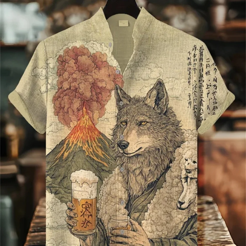 Męska koszula letnia z krótkim rękawem, abstrakcyjny nadruk 3D z kreskówkowym kotem, stójka, zapinana na guziki, modna odzież hawajska.