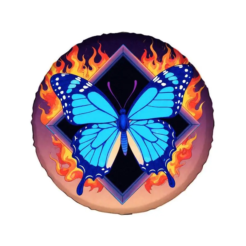 Blue Butterfly Flame Pattern Polyester Fiber Tire Cover - Stylish Outdoor Vehicle Wheel Protector With Vibrant Blue & Orange Des