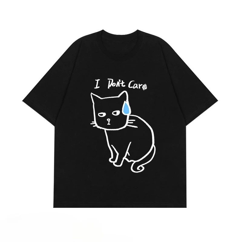 

【i Don't Car】 Cat Short-sleeved, Fun English, American, Pure Cotton T-shirt for Men and Women, Artistic and Niche