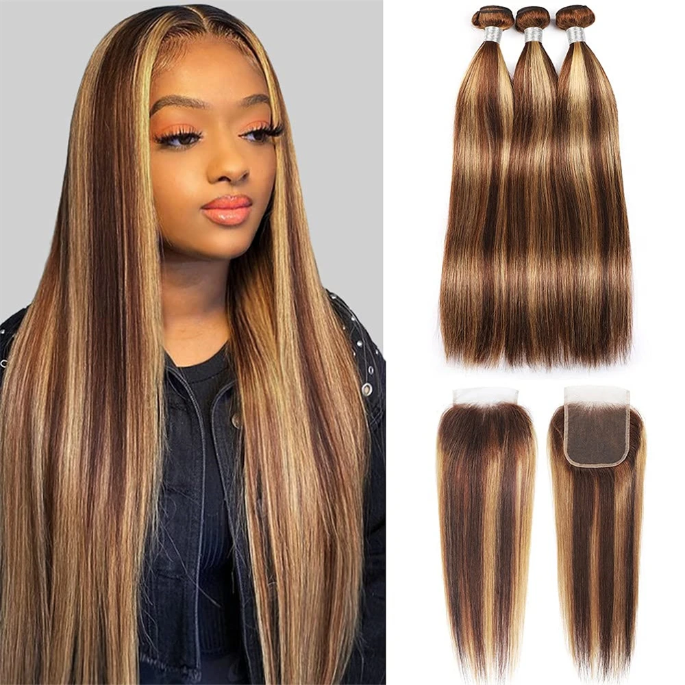 Ombre Highlight Bundles Human Hair with 4x4 Lace Closure 220g/Set 3 Bundles Deal Straight Brazilian Virgin Remy Hair Extensions