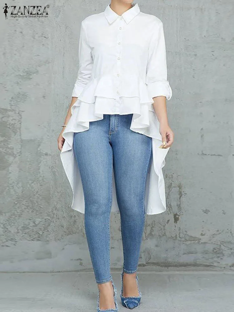 ZANZEA Autumn Elegant Long Sleeve Asymmetrical Blouse Stylish Solid Work Blusas Casual Party Top Fashion Women Ruffles Hem Shirt