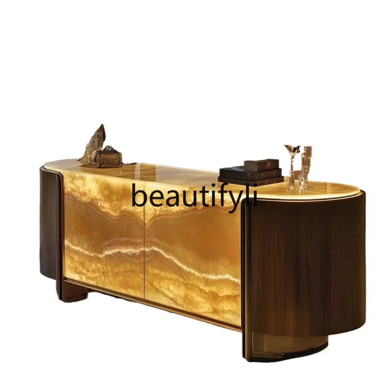 

Luminous jade luxury stone dining side cabinet Modern simple light luxury living room storage cabinet