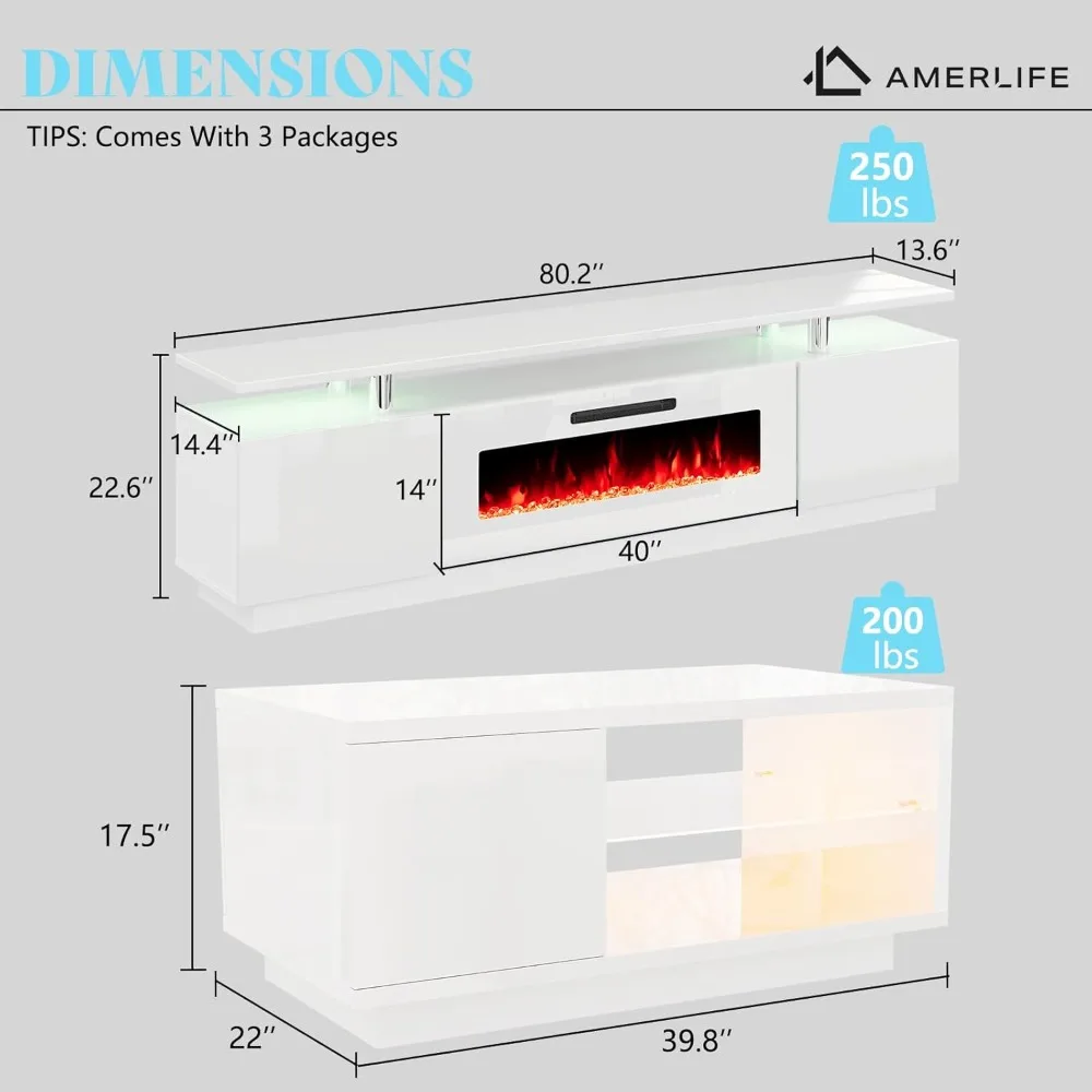 Modern High Gloss Living Room Table Sets of 3, Include 80