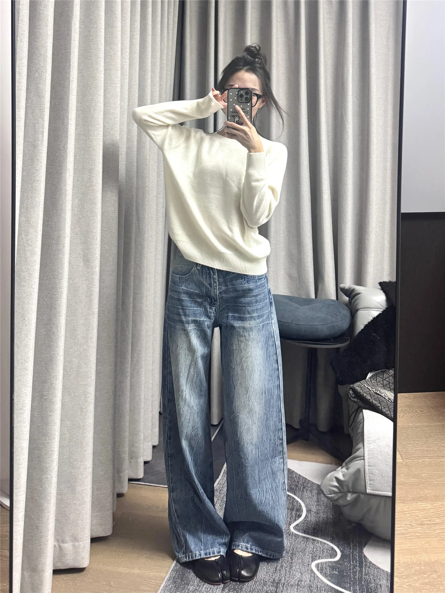 

Retro Low Waist Blue Floral Straight Leg Jeans Women's Loose Slimming Tall Extended Wide Leg Casual Pants Spring Season