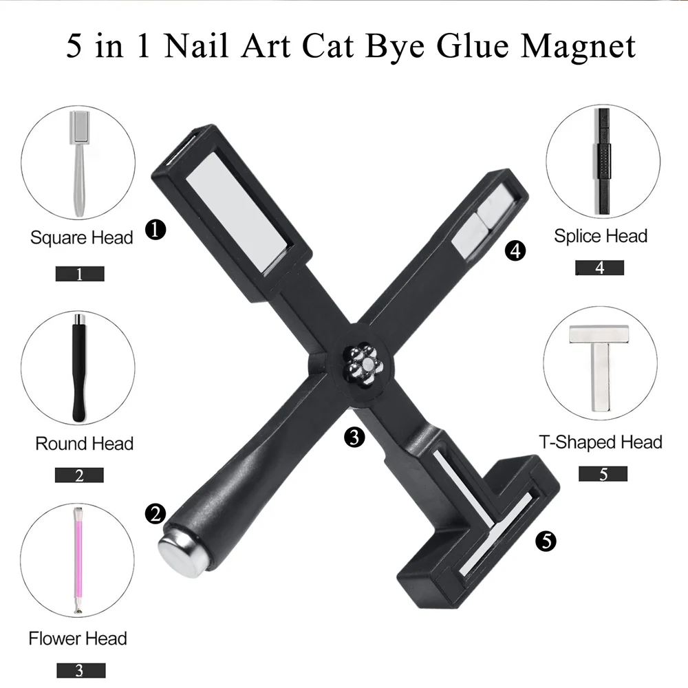 Preto multifuncional arte do prego gato olho gel ímã 5-em-1 cruz rosa vara magnética super forte magnetismo diy ferramentas da arte do prego