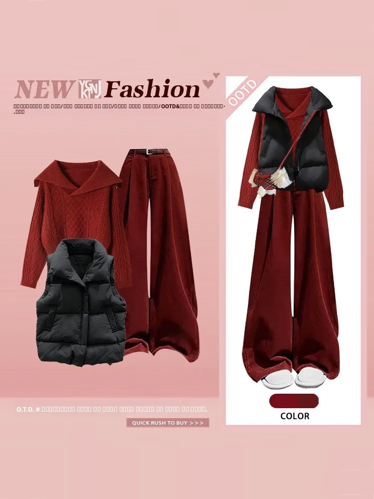 

plus Size Autumn Winter Casual Set Women's Red Knitted Sweater Cotton Jaet Vest Outerwear Wide Leg Pants Tee Piece Set