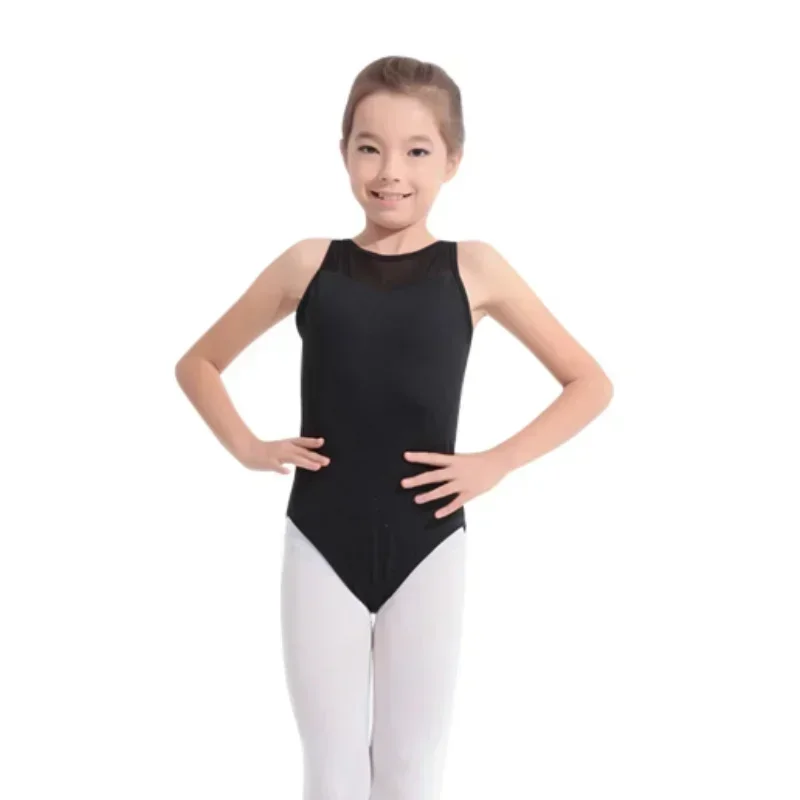 Girls' Seamless Dance Leotard Round Neck Mesh Patchwork Backless Sling Bodysuit Ballet Gymnastics Dancewear For 4-15 Years