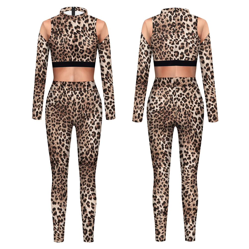 Tuta con stampa leopardata Costume Cosplay animale Halloween Spandex Catsuit elastico adulto manica lunga tute Zentai tute