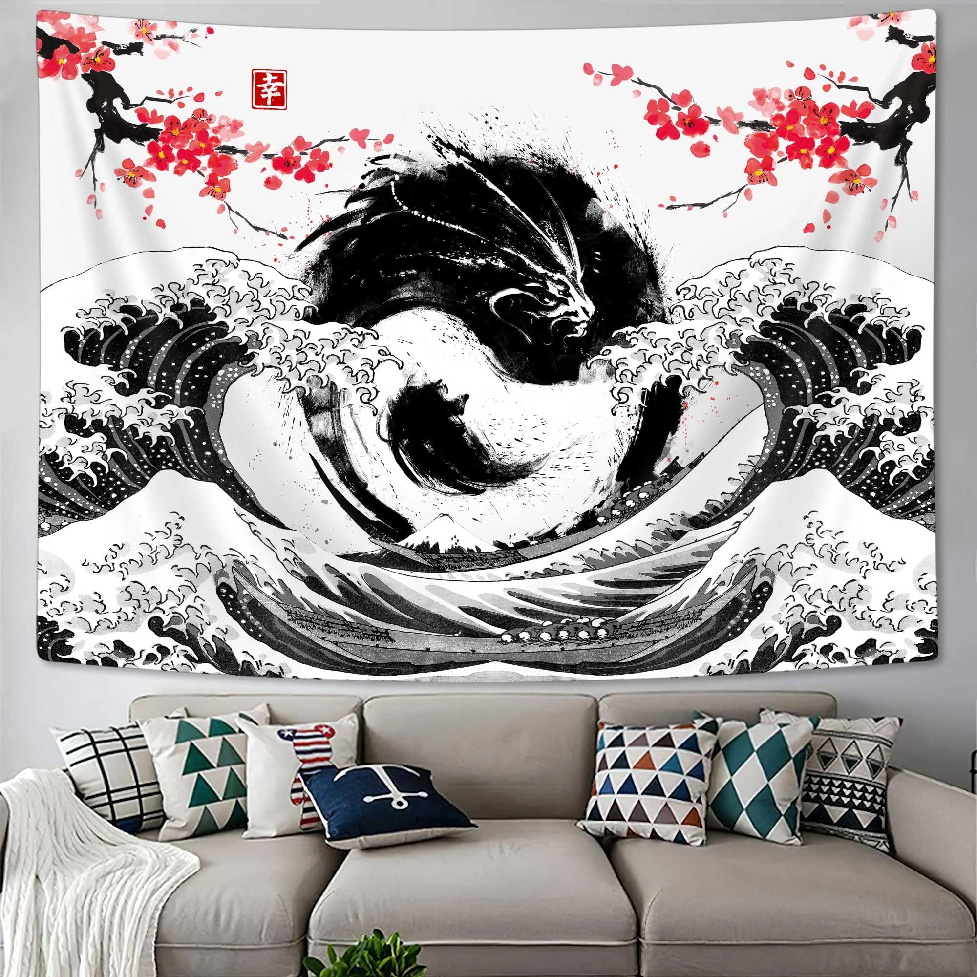 VIKAMA Yin-Yang Ink Dragon Pattern Ukiyo-e Tapestry Japanese-Style Tai Chi Waves Living Room Bedroom Wall Hanging Home Decor