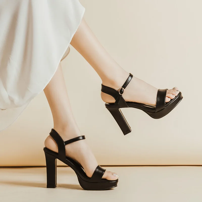 

2026 Women's Black Apricot Strappy Platform Heels Chunky High Heel Sandals Formal Party Evening Footwear Q-320