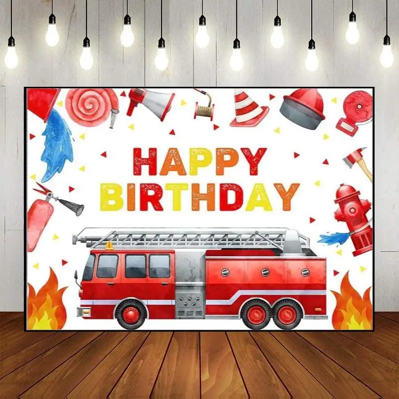 

Custom Fire Dept Party Backdrop Banner Fireman Theme Photo Photography Wall Baby Shower Happy Birthday Background Decoration