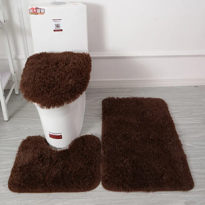 3pc Bathroom Set Rug Mat Toilet Lid Cover Plain Solid Color Bathmats Multi Color Solid Soft Toilet Seat Cushion