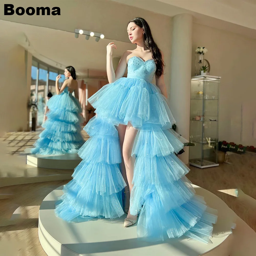 

Booma Sky Blue Shiny High Low Prom Dresses Sweetheart Beading Tulle Formal Evening Dresses Homecoming Graduation Events Gowns