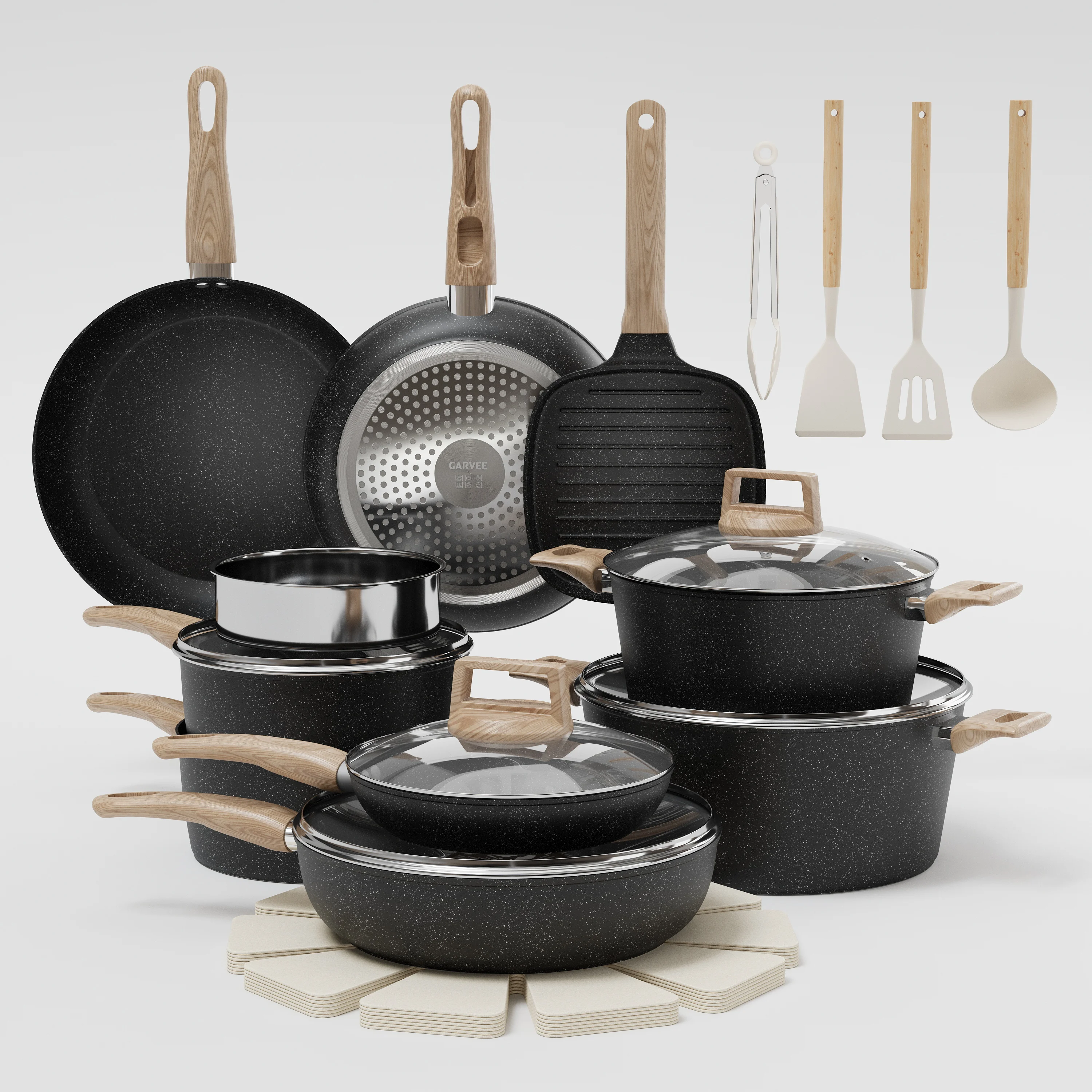 Non Stick Cookware Set 26 Piece Pots and Pans Set Induction Compatible Oven Safe Dishwasher Safe PFOA Free Granite Coating Aluminum Cookware Sets for Home Kitchen Cooking and Everyday Meal Preparation