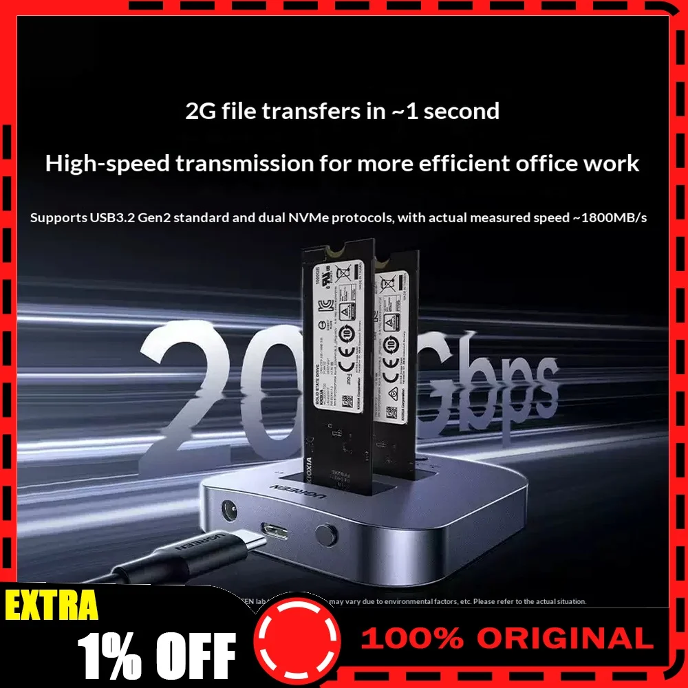 UGREEN CM392 Docking Station Adapter M.2 NVMe SSD Dual Bay 20Gbps USB C 3.2 Offline Clone Enclosure 85043