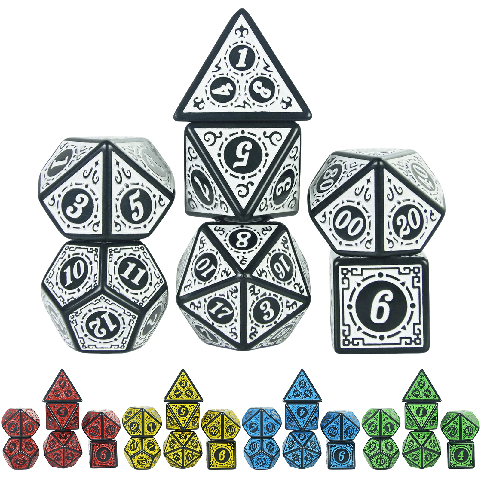 

DNDGame Polyhedral Dice Set with Textures Pattern 7pcs of D4 D6 D8 D10 D% D12 D20 for RPG Board Game Accessories