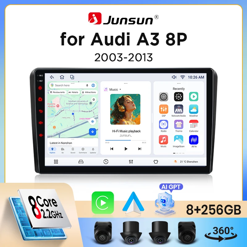 Autoradio Junsun sans fil CarPlay Android Auto pour Audi A3 / S3 / RS3 (8P) 2003-2013 avec ventilateur de refroidissement intégré, navigation GPS Android, lecteur multimédia, WiFi, DSP, RDS, BT, SWC,