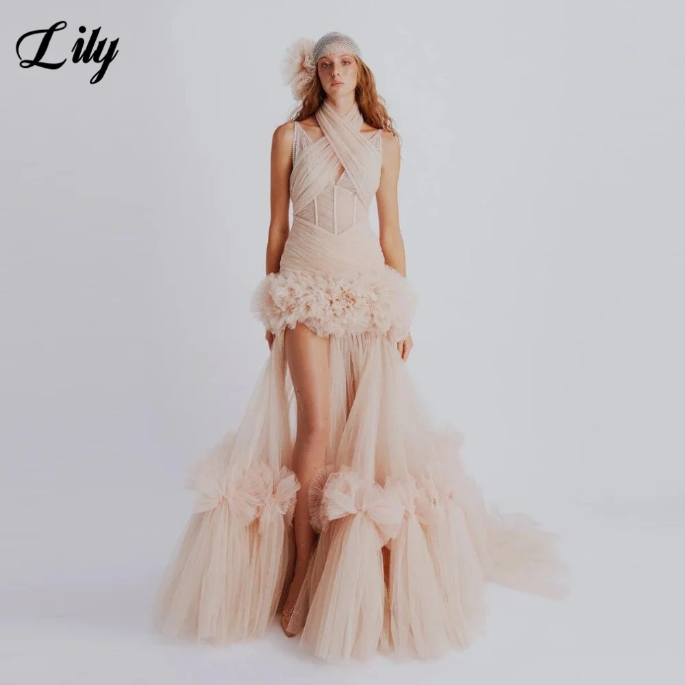 

Lily Elegant Halter Evening Dresses V-Neck Off the Shoulder Sleeveless Prom Dress A-Line Pleating Split Formal Gown Customized
