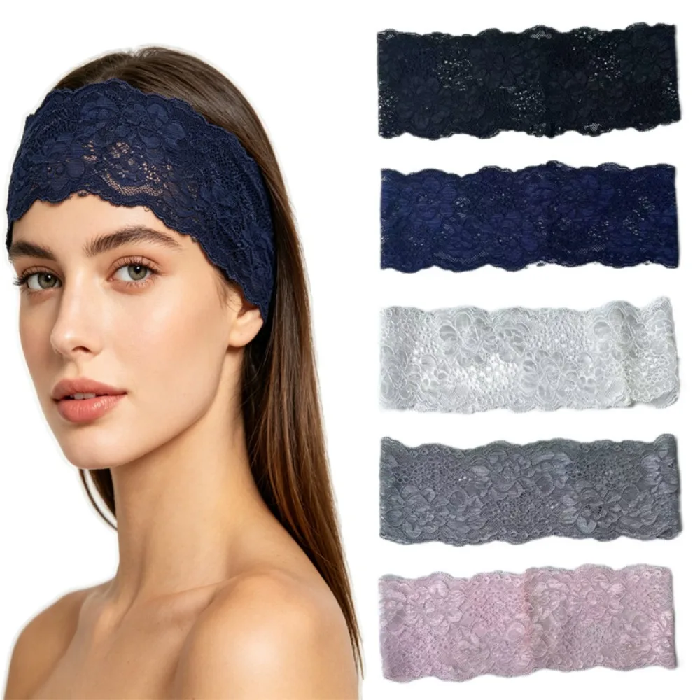 Lace Floral Headband Solid Color Wide Hollow Lightweight Headband Breathable Mesh Elastic Headband for Women
