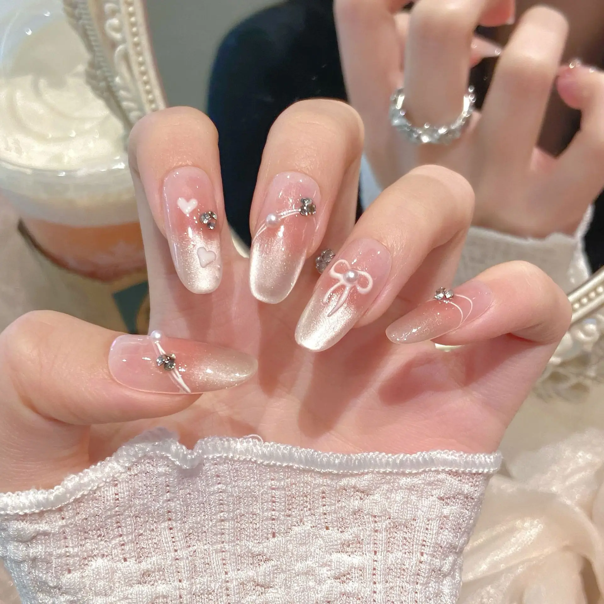 Handmade Sweet Pink Press on Nails with Bow Decor Shiny Cat Eye Fake Nails for Women Girl Wearable Reusable Korean False Nails