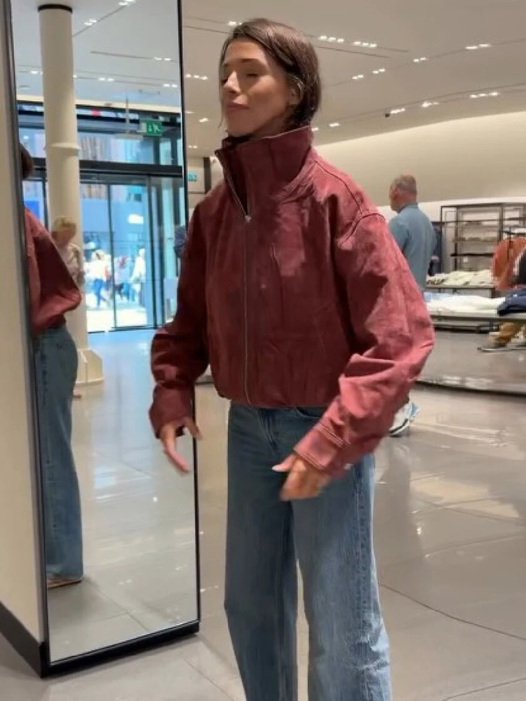 Vintage Kurze Stehkragen-Reißverschlussjacke für Damen, Langarm, Vordertaschen, Elastischer Saum, Lose Passform, Frühling/Herbst Streetwear Oberbekleidung – Detail 5