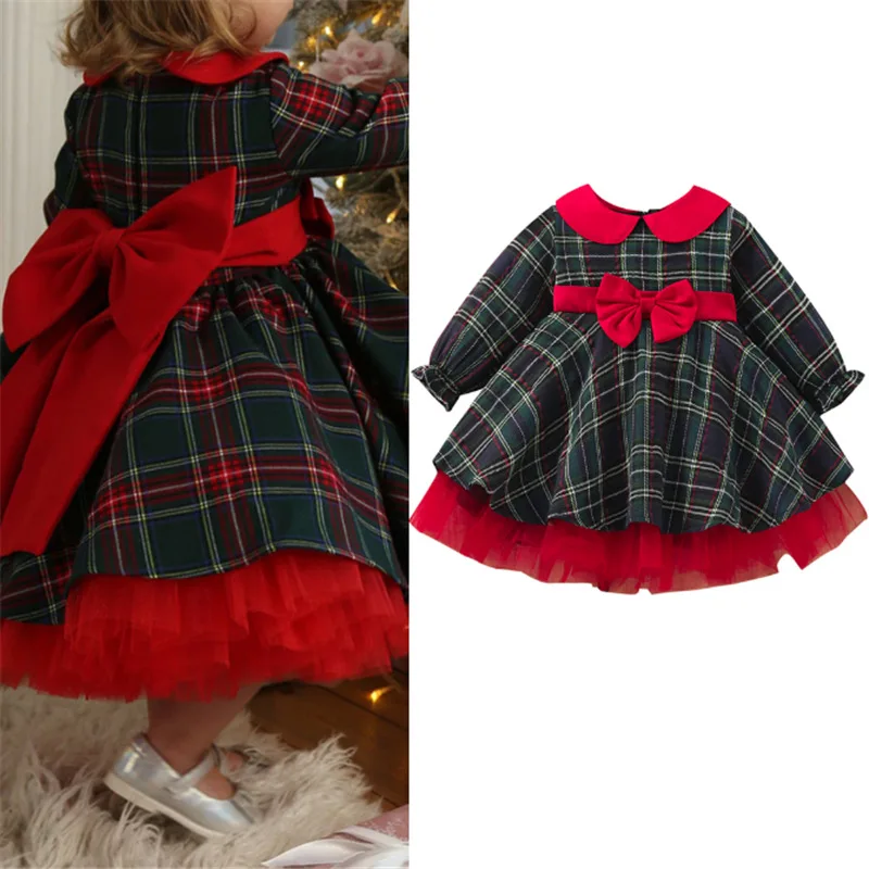 

1-7Y Christmas Girls Red Dress Kid Toddler Girl Plaid Bow Tulle Tutu Party Dresses Children New Year Xmas Costumes