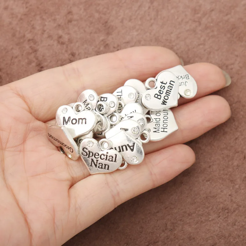 10pcs Fashion Heart Mum Nanny Friend Nana Daughter Dad Charms 15*17mm AAC-MIX2