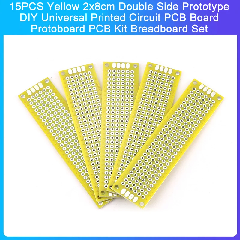 Double Side Prototype PCB Kit, Placa de Circuito Impresso, Conjunto Protoboard Universal, DIY, Amarelo, 2x8cm, 15Pcs