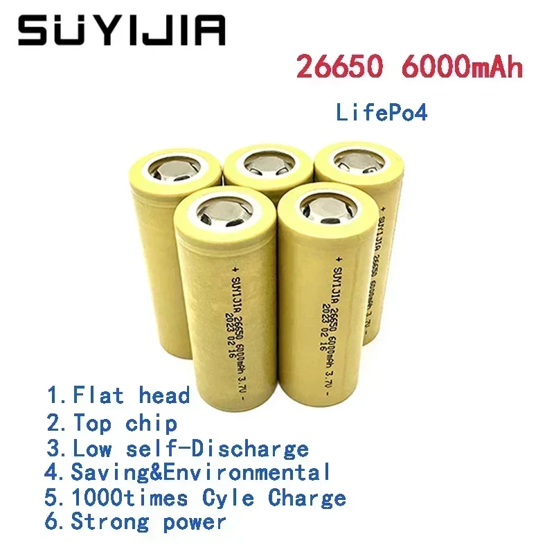 Real 26650 3.7V 6000mah Battery Lithium Li-ion Rechargeable Power Batteries for LED Flashligh  Wireless Microphone Electric Toy