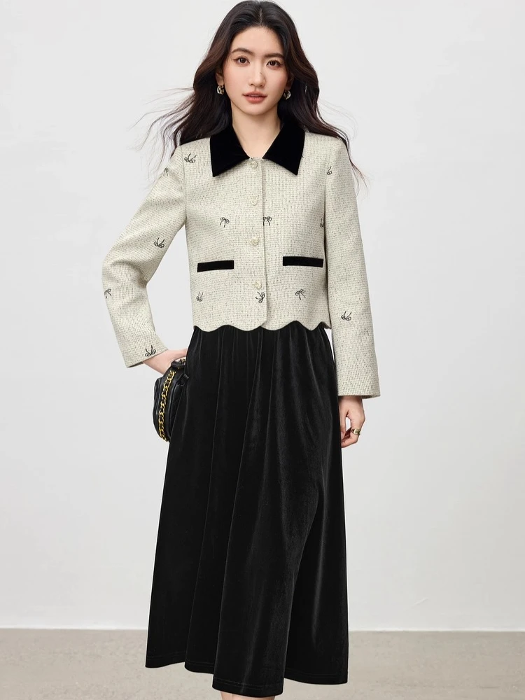 

SENTUBILA Free Matching Set Women's 2025 Autumn Bow Embroidered Short Coat & Elastic Waist Velvet Skirt Elegant Outfit 153ZA3418