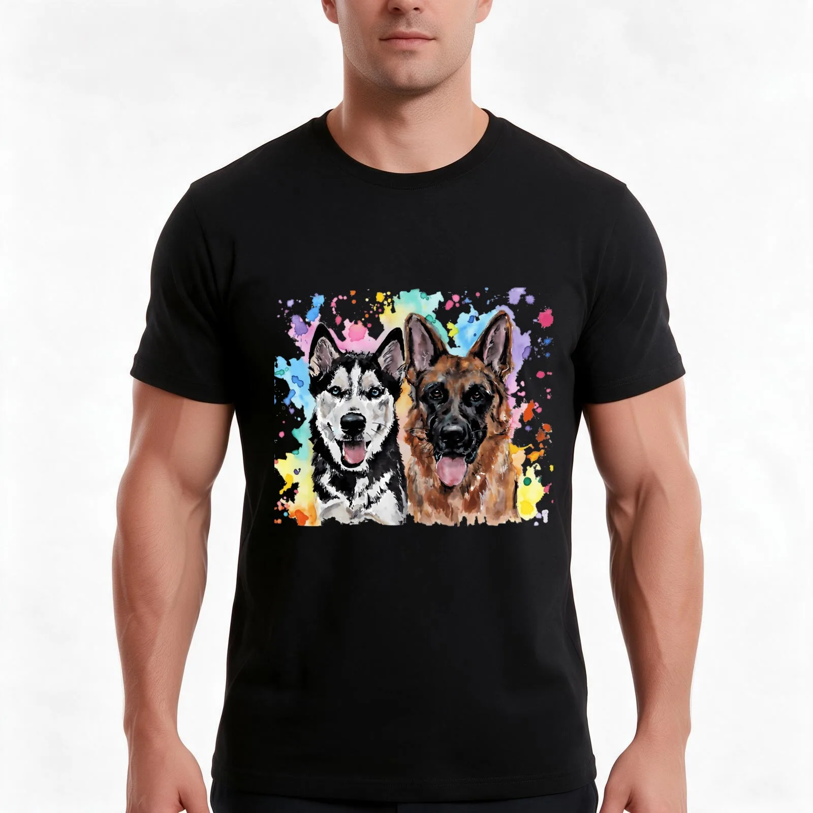 Watercolour Husky and German Shepherd T-Shirt, Summer Casual Cotton Tee, Oversized Streetwear Tops, Vintage Graphic Print