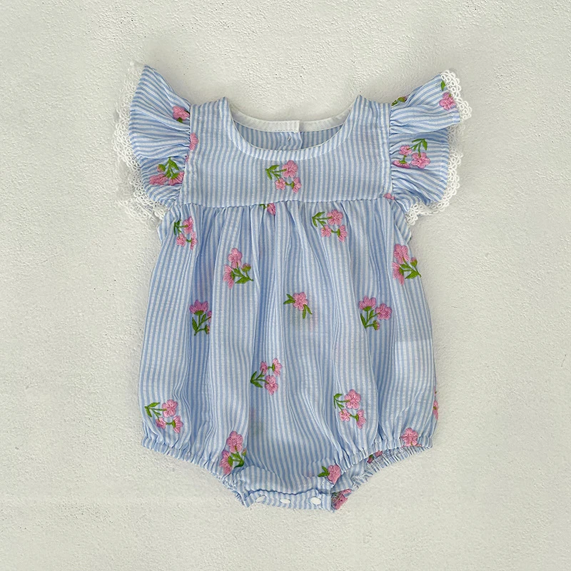 2026 Neuer Sommer 0-24M Kleinkind Mädchen Flügelärmel Baumwolle Gestreifter Jumpsuit Blumenmuster Western Baby Mädchen Blauer Strampler – Detail 11