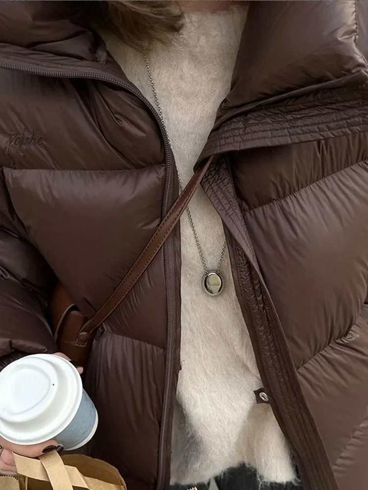 Women Vintage Chocolate Fluffy Quilted Cotton Coats Fashion Stand Collar Long Sleeves Zipper Jacket Lady Winter Warm Outerwear