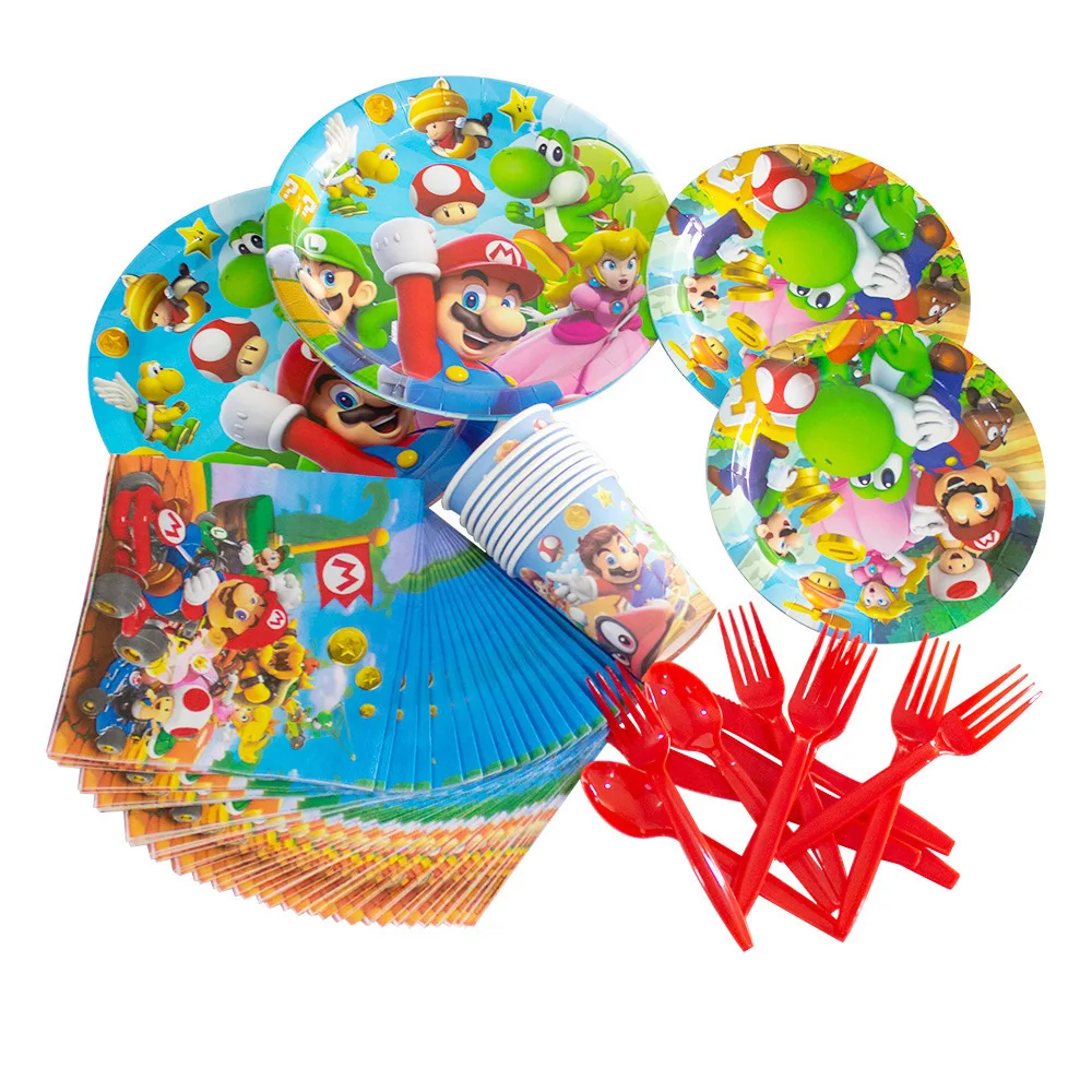 Buon compleanno Mario Bros New Gold Coin Game Party Decoration Kids usa e getta stoviglie Sticker Balloons Baby Gift Party Supplie