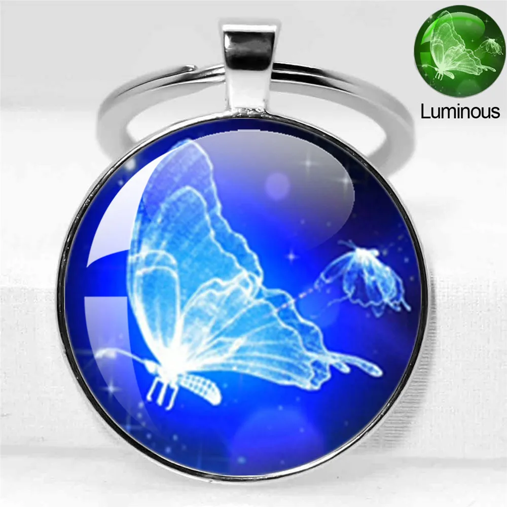 Glow In The Dark Butterfly Keychain Glass Cabochon Luminous Key Chain Luminous Animal Key Ring Chain Butterfly Jewelry