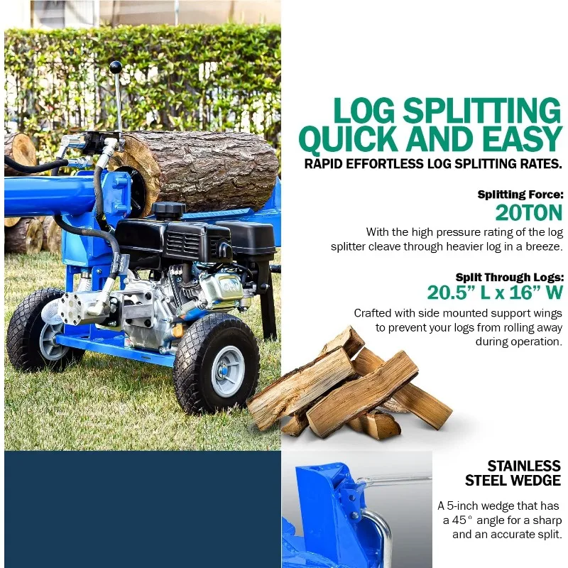 Log Splitter Portable 20 Ton Rapid Auto Return Ram System Bucher Gear Pump 7HP Engine Horizontal Full Beam Steel Wedge