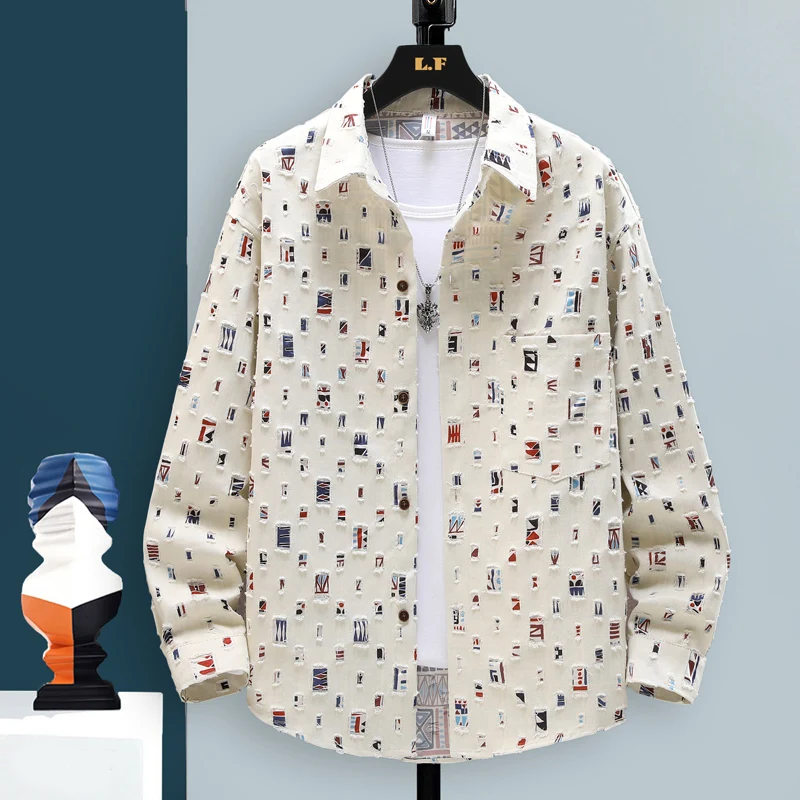 

Мужская повседневная рубашка с длинным рукавом для весны и осени, модная, тонкая, хлопковая, с цветочным узором, на пуговицах, классического кроя, молодежная мода