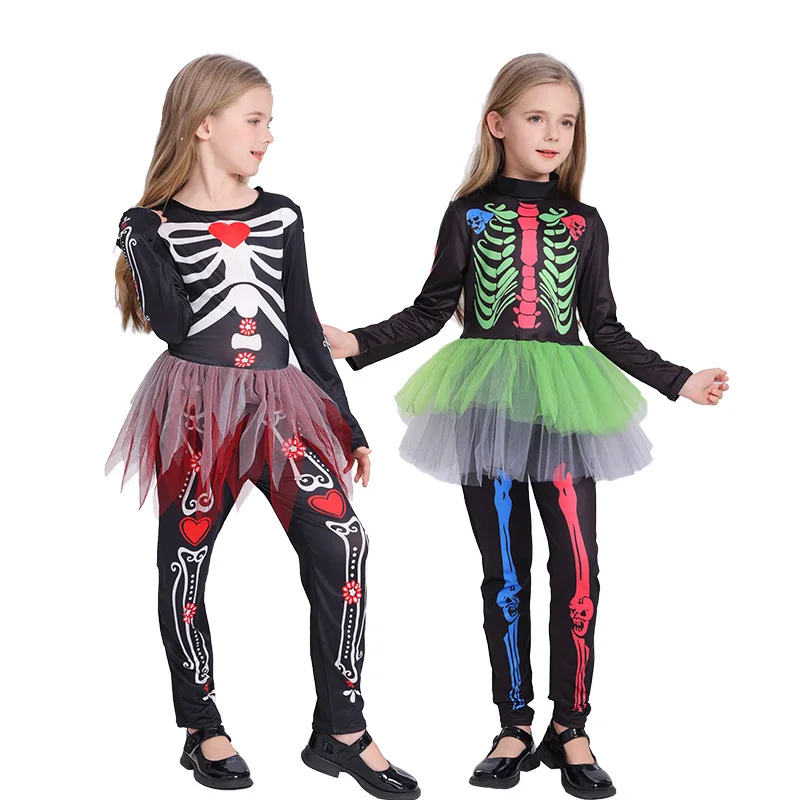 

Костюм скелета для косплея на Хэллоуин, детский красочный костюм скелета, цельная узкая юбка для девочек, платье
