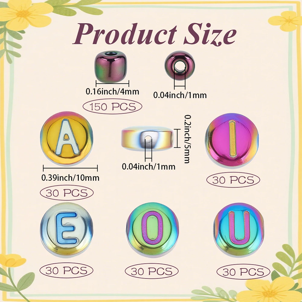 1 Box 300pcs 10mm Glass Letter Beads with Rondelle Seed Beads Flat Round Vowel Alphabet A E I O U Electroplated Rainbow Plated