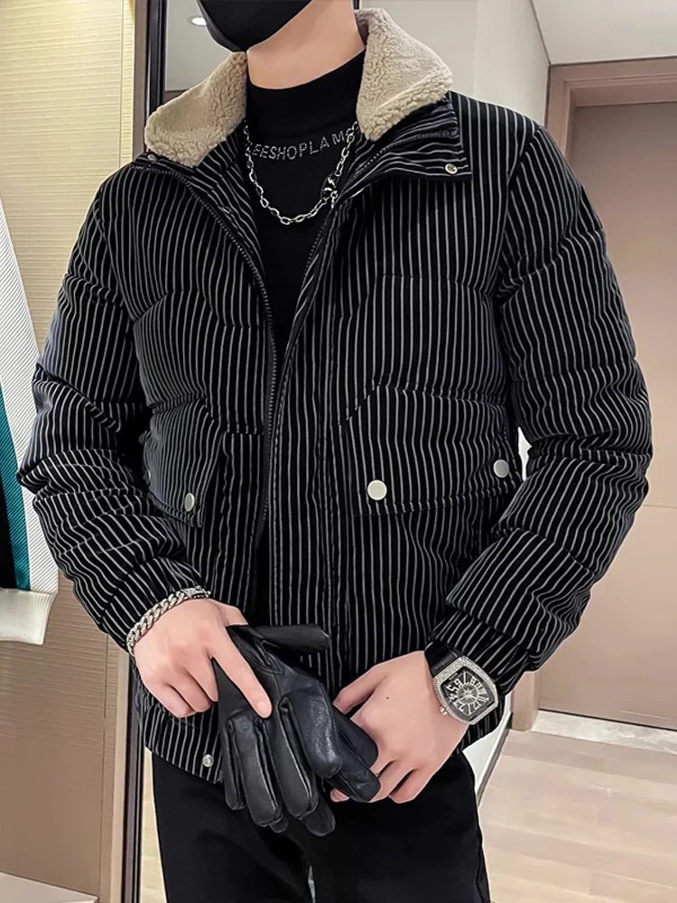 

Утепленная хлопковая куртка для мужчин: черная, с вертикальными полосами, модная зимняя верхняя одежда, универсальная молодежная повседневная куртка прямого кроя