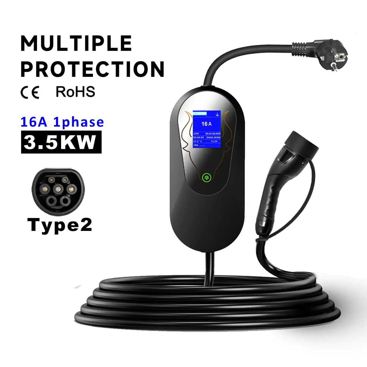 16A 1Phase Type2 3.5KW GB/T EV Charger Portable Charging Station Cable 3.5m Schuko EU Plug for Electric Car Automobile Vehicle