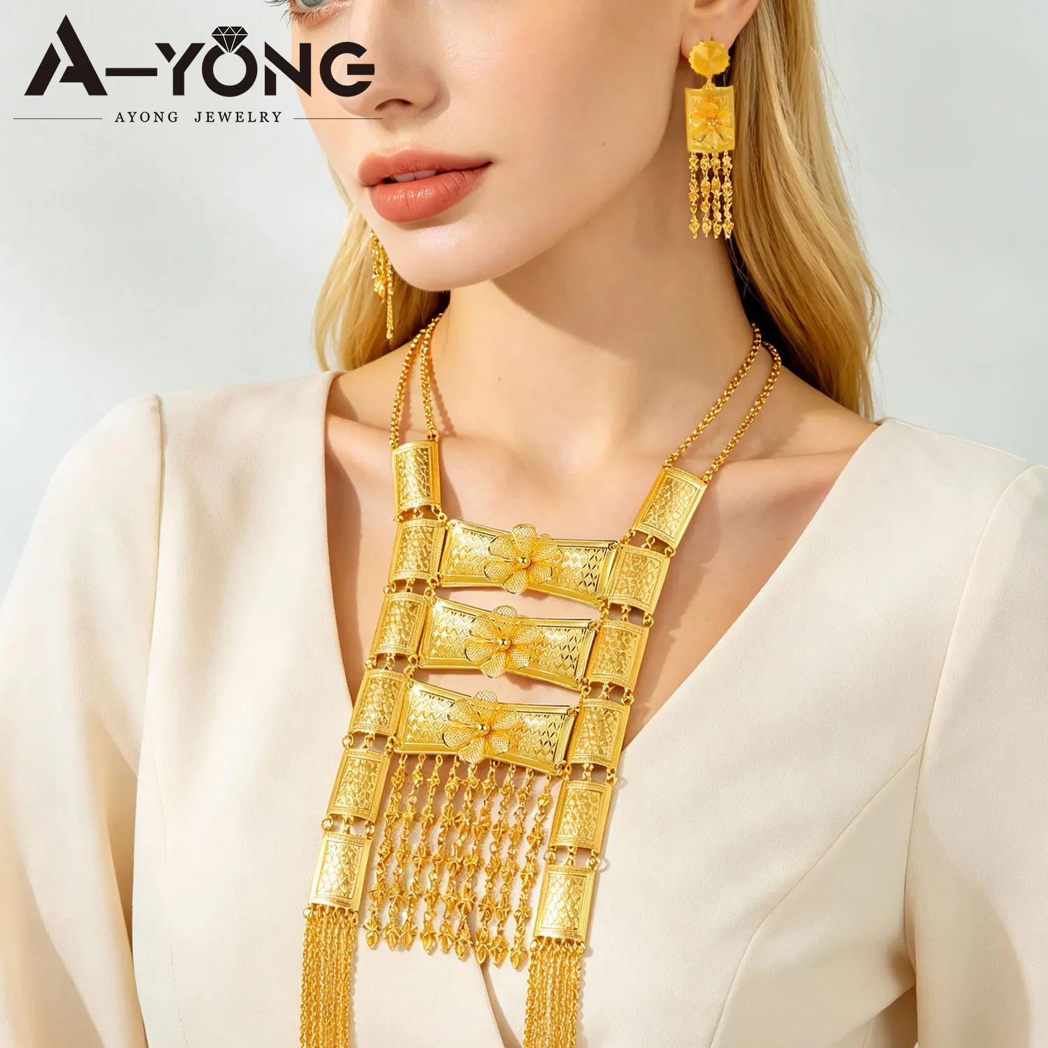 Ethiopian Bridal Wedding Jewelry Set African Tassel Gold Color Long Necklace Earrings Moroccan Women Vintage Party Jewelrys