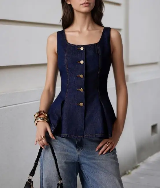Top Women 2025 Spring New Solid Color Fashion Gold Buckle Decor Square Neck Sleeveless Backless Casual Imitation Denim Vest