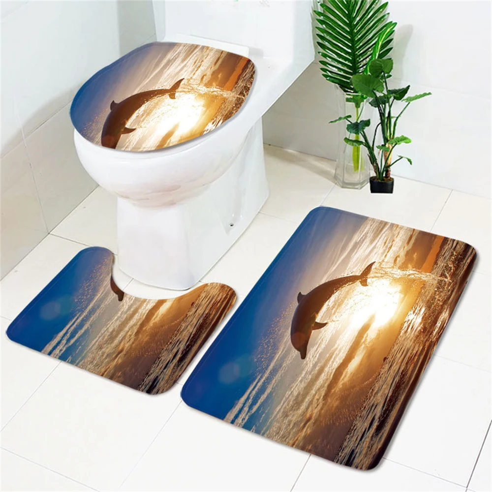 

Dolphin Bathroom 3-piece Tropical Ocean Jumping Dolphin landscape non-slip carpet U-shaped Mat Toilet Seat Mat Bathroom non-slip