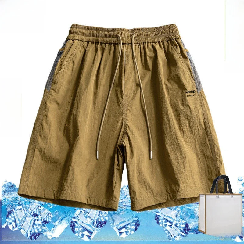 

Men's Sport orts Summer Thin Ice Silk Casual Running Fitn Qui Dry Five-Quarter Length Beach Outdoor Straight Leg ...