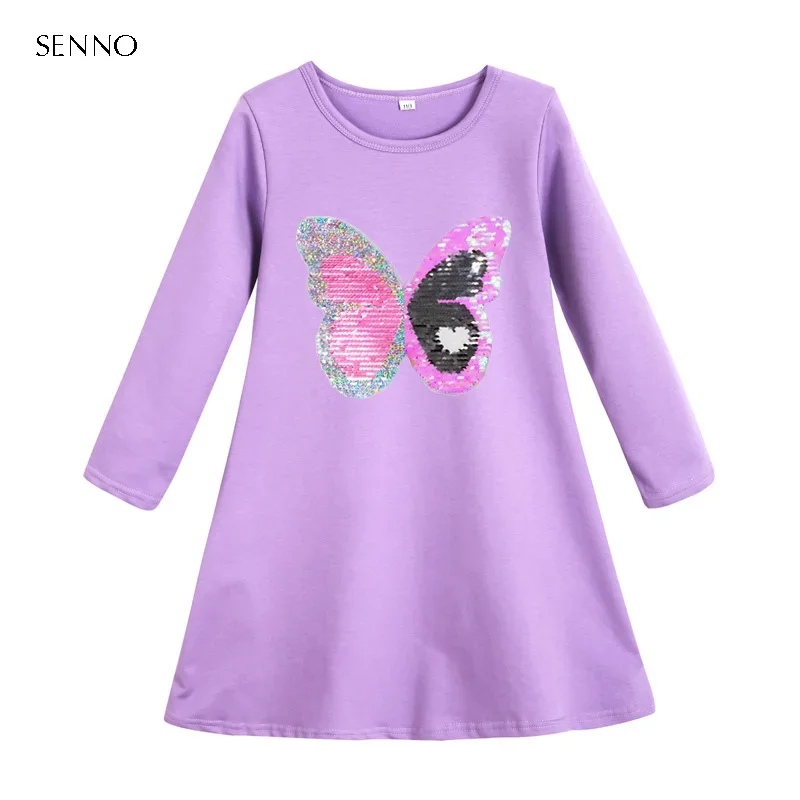 Long Sleeve girls dress with color change sequins Autumn Spring kids clothing fashion cotton glitter children princess dresses