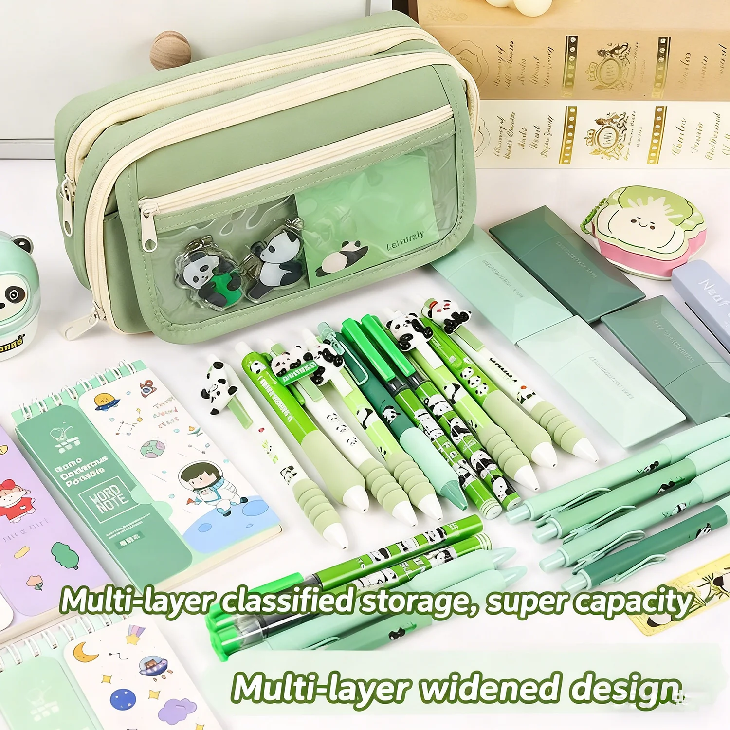 Nuevo estuche creativo de lápices Panda de nueve capas, estuche de lápices transparente de moda, bolsa de papelería transparente de alto valor estilo Ins para estudiantes de secundaria